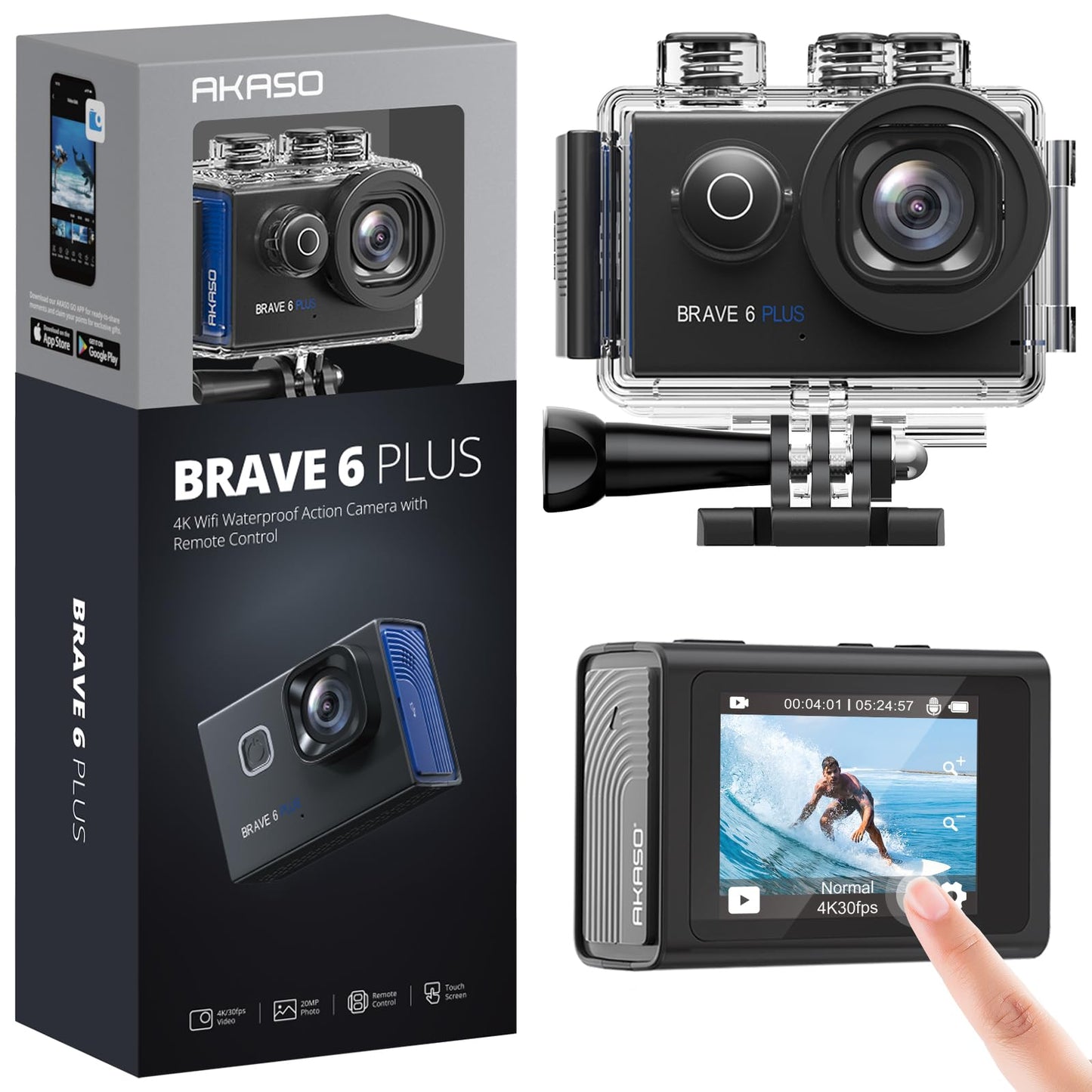 AKASO Brave 6 Plus Native 4K30FPS 20MP WiFi Action Camera with Touch Screen EIS 4X Zoom Voice Control Remote Control 131 Feet Underwater Camera with 2X 1350mAh Batteries and Helmet Accessories Kit