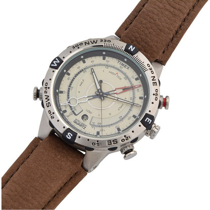 Timex Men's T2N721 Intelligent Quartz Compass Tide Temperature Silver Case Brown Strap Watch