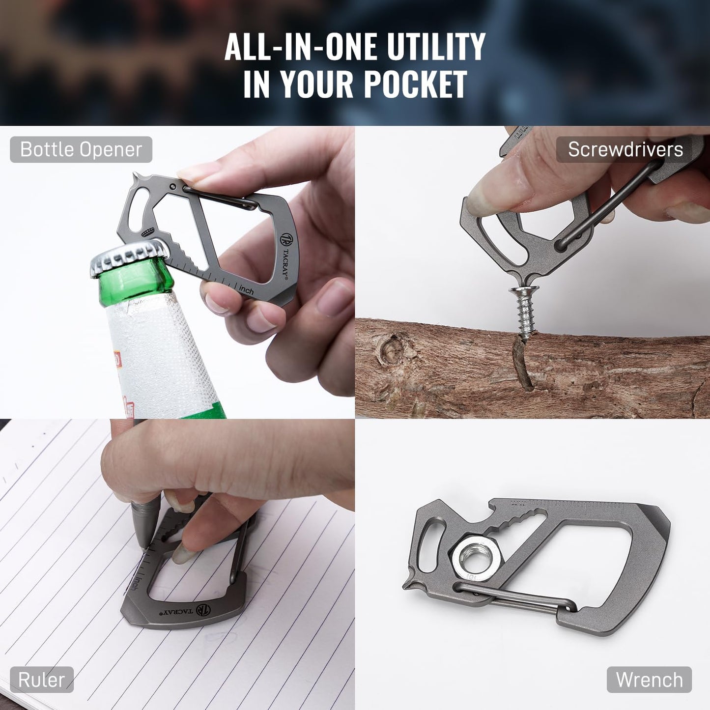 TACRAY Titanium Carabiner Keychain Clip, Anti-Lost Key Holder, Quick Released Backpack Clasps/Hook with Multitools of Bottle Opener and Mini Ruler for EDC