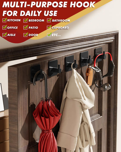 Adhesive Hooks Heavy Duty 30lb(Max) Wall Hooks, 5 Pack Self Adhesive Damage Free Towel Rack, Stainless Steel for Coat Robe, Waterproof Oilproof Rustproof for Bathroom Shower Kitchen Office