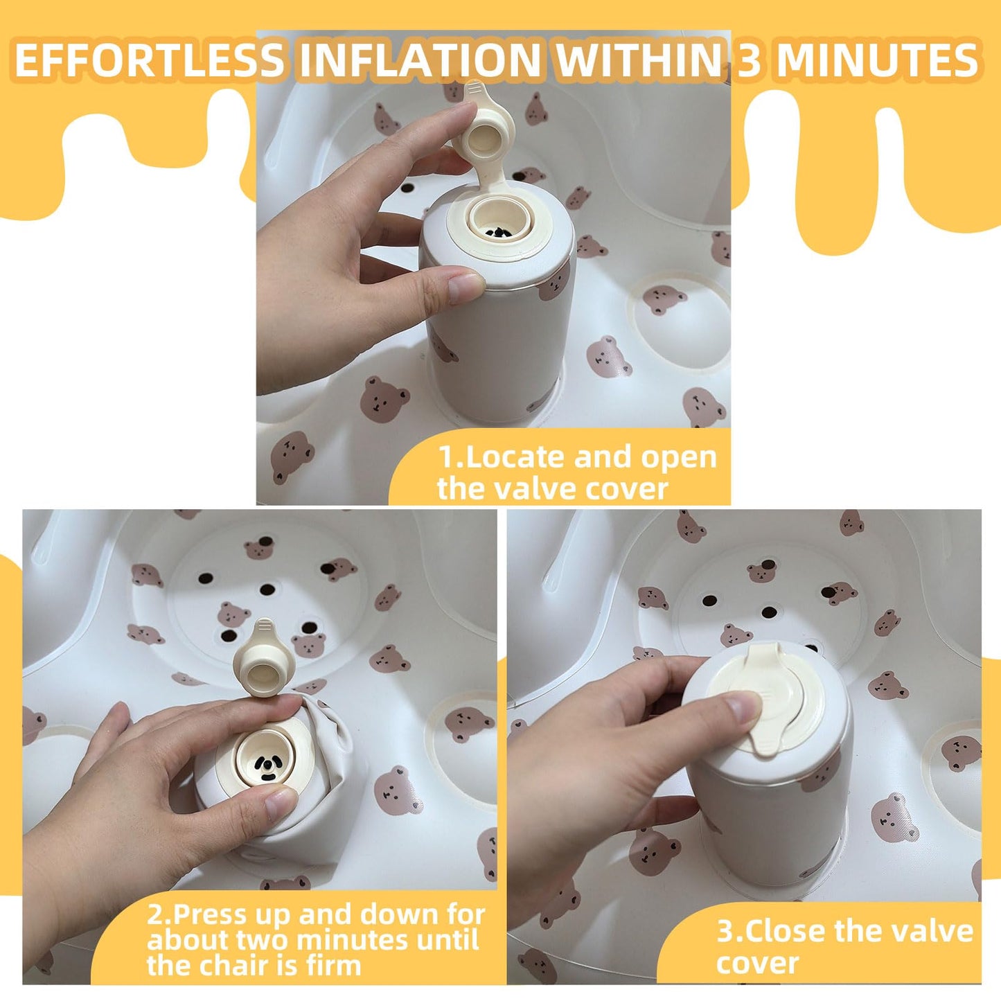 AGITVPS Inflatable Baby Seat for Babies 3-36 Months, Built in Air Pump Baby Chair Sit Me up Floor Seat for Baby, Bumbo Seat for Learning to Sit, Feeding, Camping (Bear)