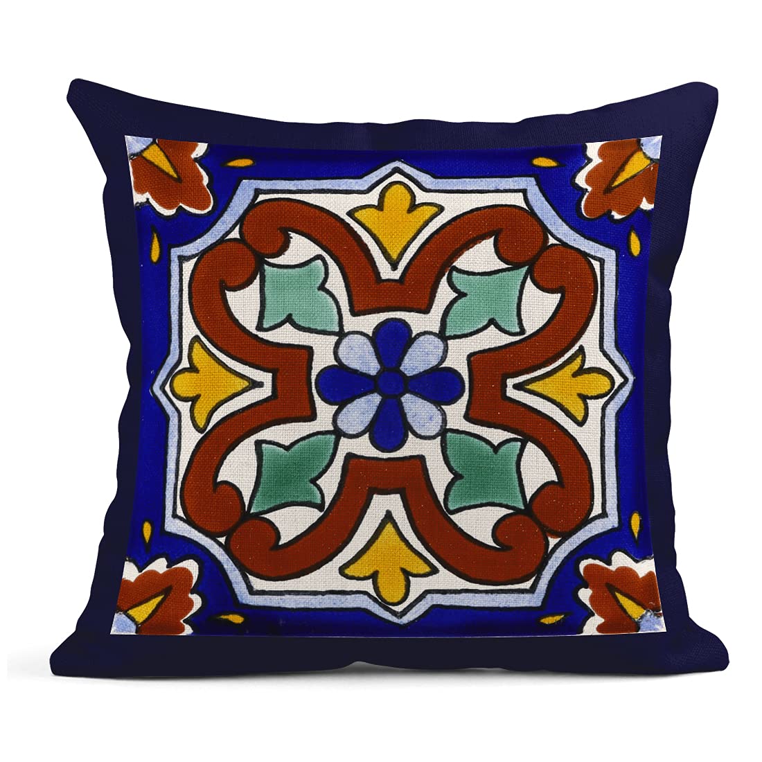 Semtomn Set of 4 Linen Throw Pillow Covers Spanish Talavera Exotic Geometry Dark Retro Ethnic Home Decorative 18"x18" Flax Pillow Cases Cushion Square Pillowcases