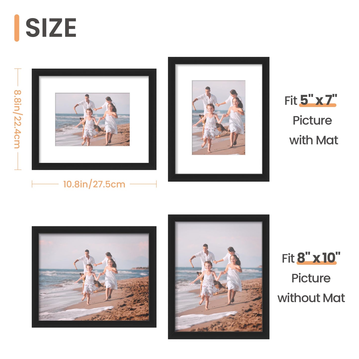 upsimples 8x10 Picture Frame Set of 5, Display Pictures 5x7 with Mat or 8 x 10 Without, Wall Gallery Photo Frames, Black