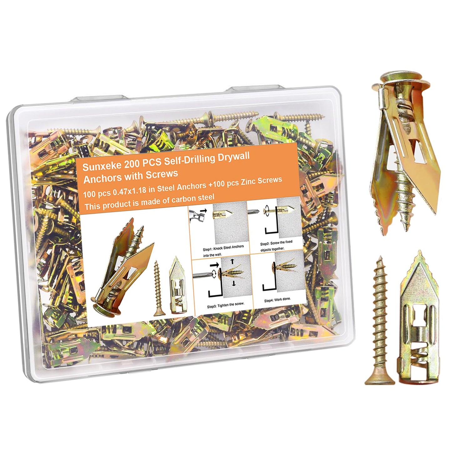 Sunxeke 200 Pcs Self Drilling Drywall Anchors with Screws,100 Sheetrock Anchors (0.47x1.18 Inch) & 100 Zinc Expansion Screws,2025 Upgraded Zinc Plated Steel,No Drill Needed,Perfect for Wall Hanging