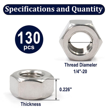 ZQZ 1/4"-20 Hex Nuts,130 Pack 304 (A2-70) Stainless Steel Hardware Nuts,Standard Inch Coarse Thread Nuts