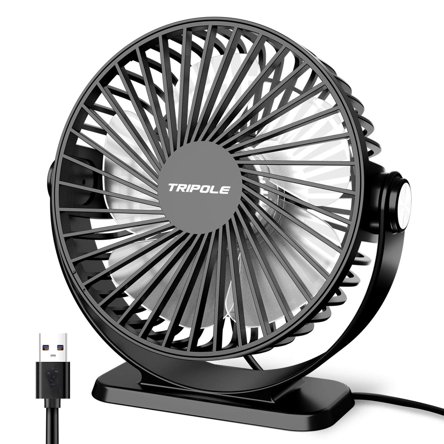 TriPole Small Desk Fan USB Powered Portable Fan 3 Speeds Strong Airflow Mini Fan 360°Rotation Personal Table Fans for Home Office Bedroom Desktop, 5.1 Inch Black, 4.9ft Cable