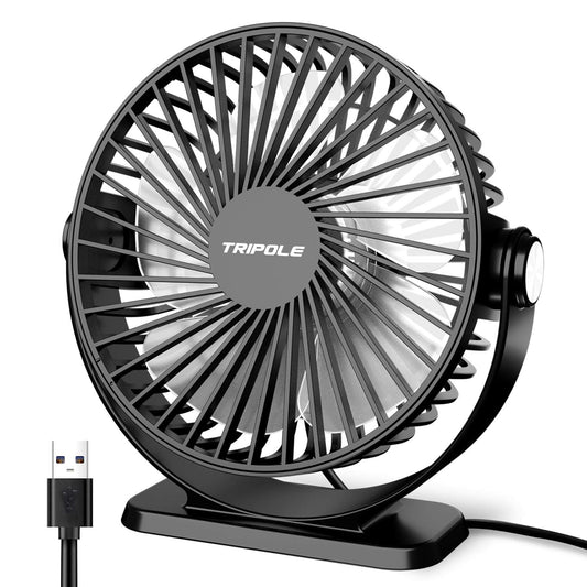 TriPole Small Desk Fan USB Powered Portable Fan 3 Speeds Strong Airflow Mini Fan 360°Rotation Personal Table Fans for Home Office Bedroom Desktop, 5.1 Inch Black, 4.9ft Cable