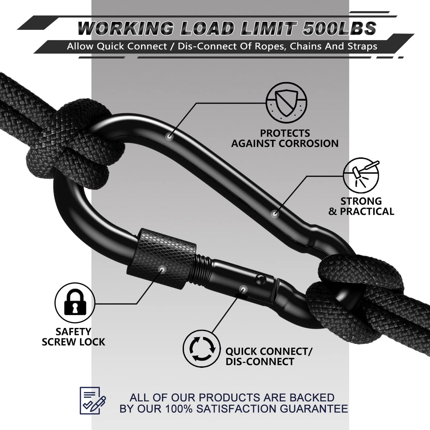 AUTMATCH Carabiner Clips, 3" Carbon Steel Spring Snap Hook Caribeener Clips Buckle Pack Grade Heavy Duty Carabiners Quick Link for Camping, Fishing, Hiking, Traveling, Locking Black, 4 Pack