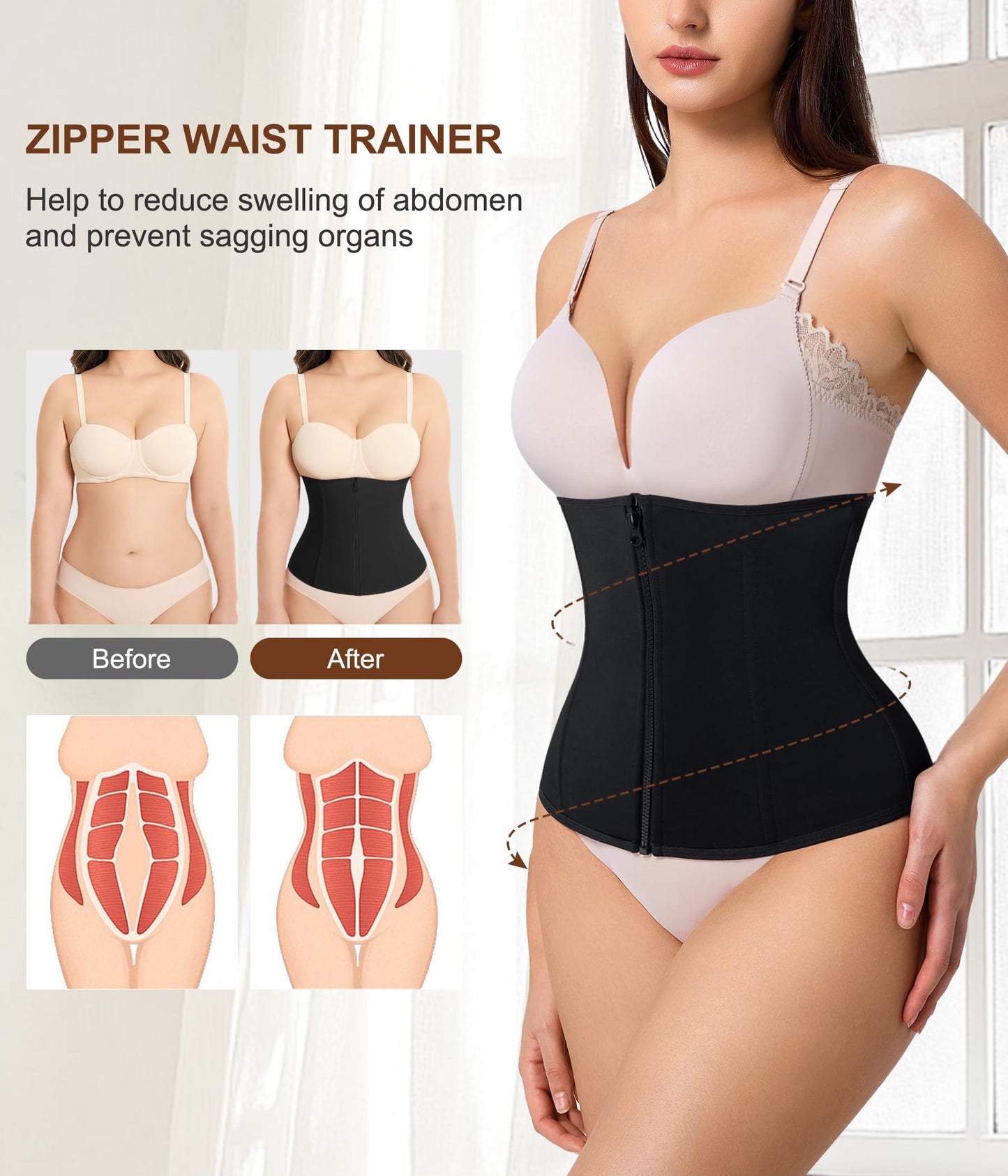 URSEXYLY Women Waist Trainer Corset Zipper Hook Shapewear Double Control Body Shaper Tummy Control Waist Cincher (3XL, Black)