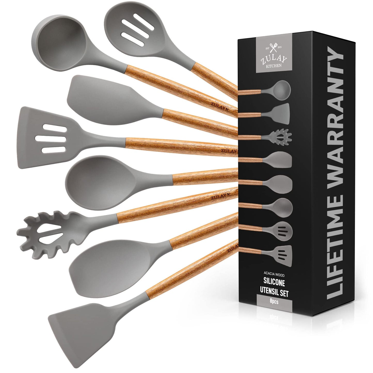 Zulay Kitchen Utensils Set Non-Stick Silicone Cooking Utensils Set with Authentic Acacia Wood Handles - 8 Piece Set - Silicone Kitchen Utensils Set with 464°F Heat Resistance - Gray