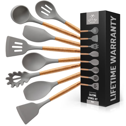 Zulay Kitchen Utensils Set Non-Stick Silicone Cooking Utensils Set with Authentic Acacia Wood Handles - 8 Piece Set - Silicone Kitchen Utensils Set with 464°F Heat Resistance - Gray
