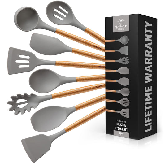 Zulay Kitchen Utensils Set Non-Stick Silicone Cooking Utensils Set with Authentic Acacia Wood Handles - 8 Piece Set - Silicone Kitchen Utensils Set with 464°F Heat Resistance - Gray
