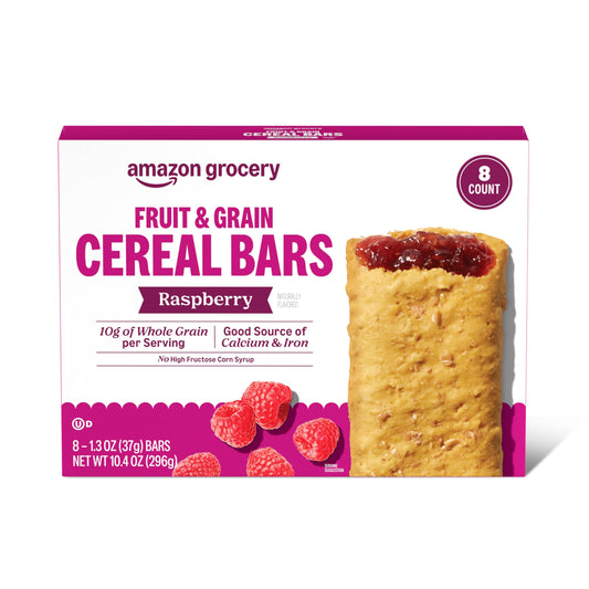 Amazon Grocery, Fruit & Grain Cereal Bars, Raspberry, 1.3 Oz, 8 Ct (Previously Happy Belly, Packaging May Vary)