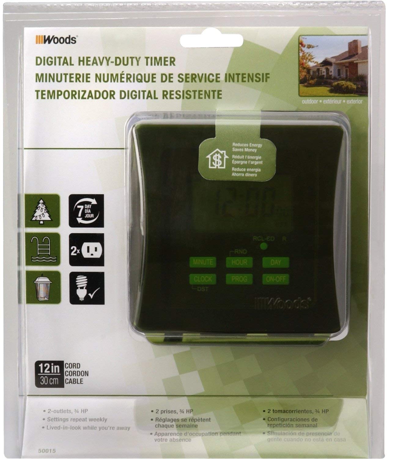 Woods 50015WD Outdoor Heavy Duty Digital Plug-in Timer, 2 Grounded Outlets, Perfect for Automating Holiday/Christmas Lights, Multicolor, 7 Day with 3/4 Horse Power