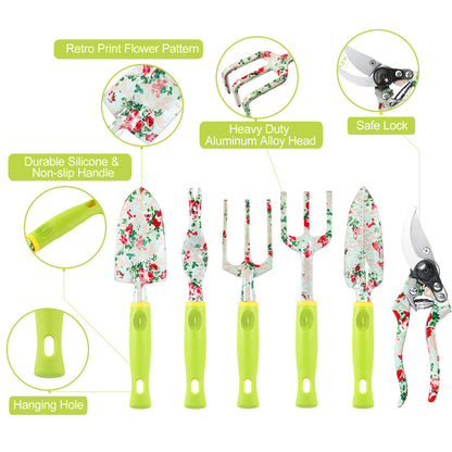 Gardening Tool Set - 13 PCS Heavy Duty Aluminum Gardening Tools Kit Floral Print Garden Tool Set with Non-Slip Rubber Handle & Durable Storage Tote Bag Gardening Supplies Gifts for Women Men