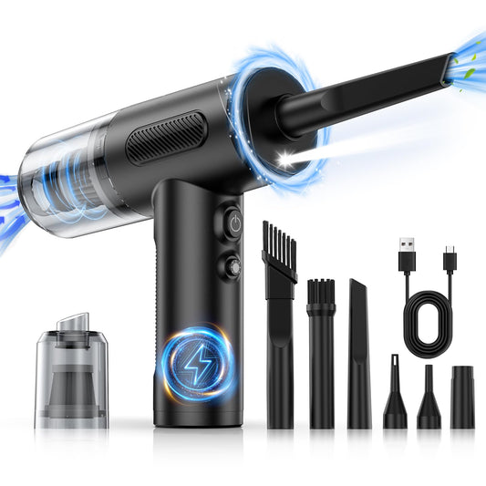 Compressed Air Duster, 100000RPM Handheld Car Vacuum/Air Blower& Pump, 3 Gear Adjustable Electric Air Duster/Car Vacuum Cleaner, Keyboard Duster with LED Light-10 Kits Air Blower for Computer(Black)