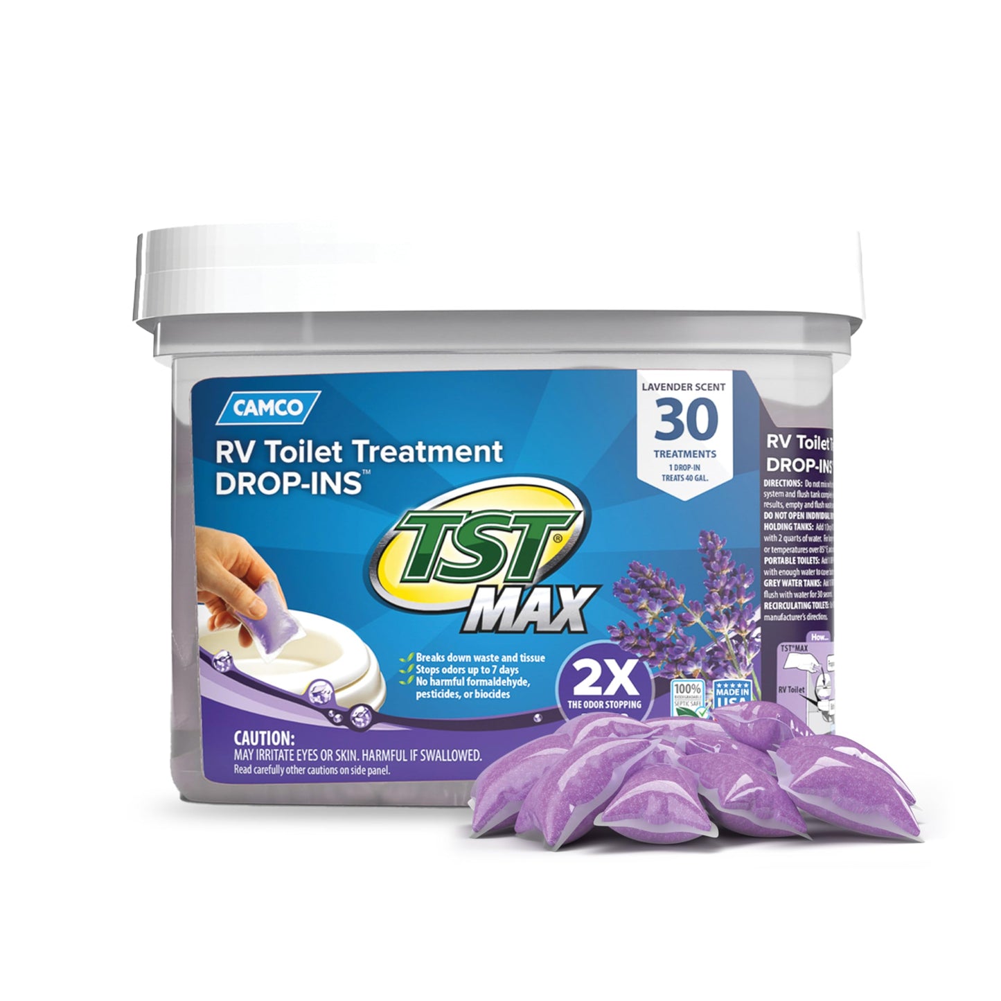 Camco TST MAX RV Toilet Treatment Drop-INs - Control Unwanted Odors and Break Down Waste and Tissue - Septic Tank Safe - Lavender Scent - 30-pack (41553)