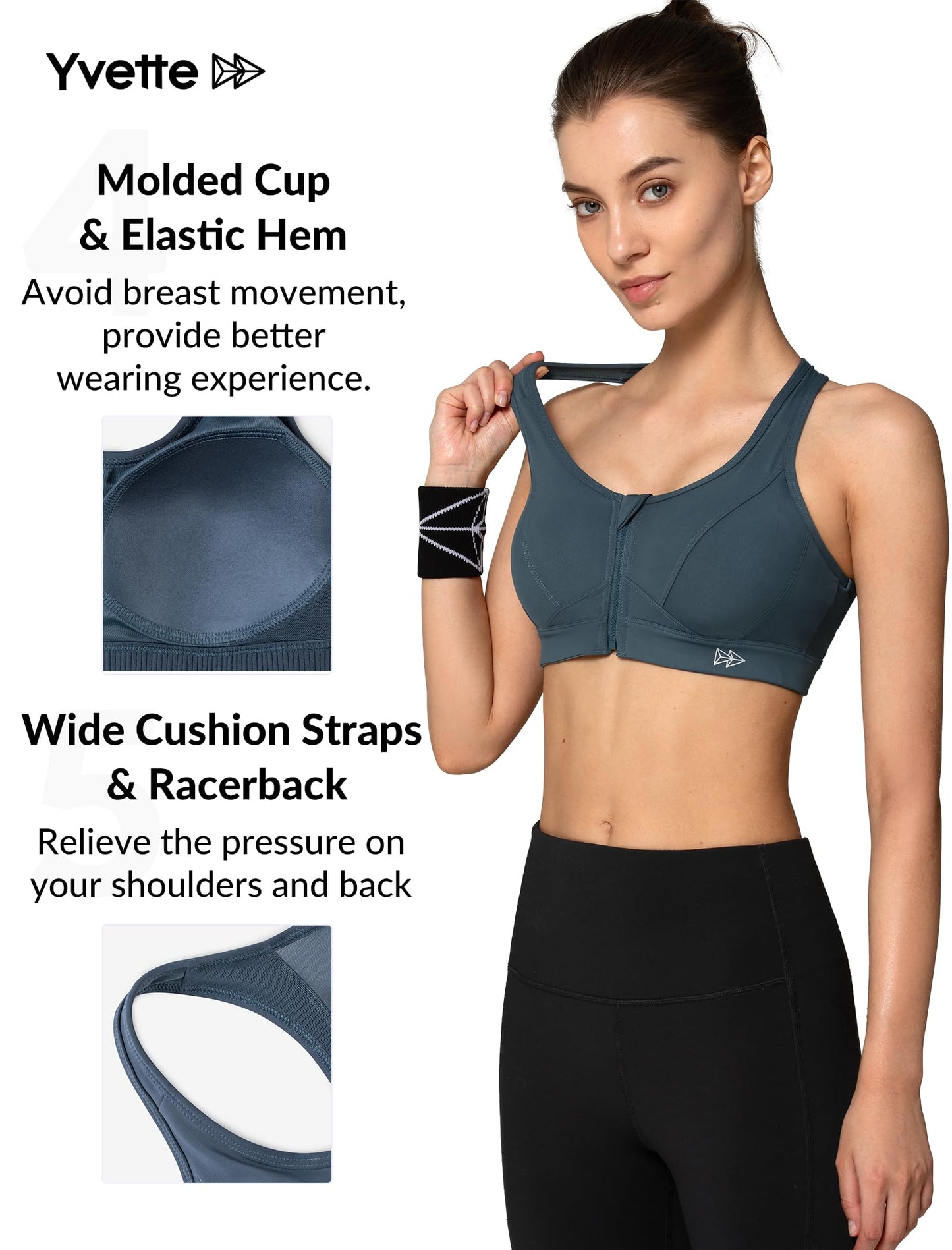 Yvette Zip Front Sports Bra - High Impact Sports Bras for Women Plus Size Workout Fitness Running,Haze Blue,M