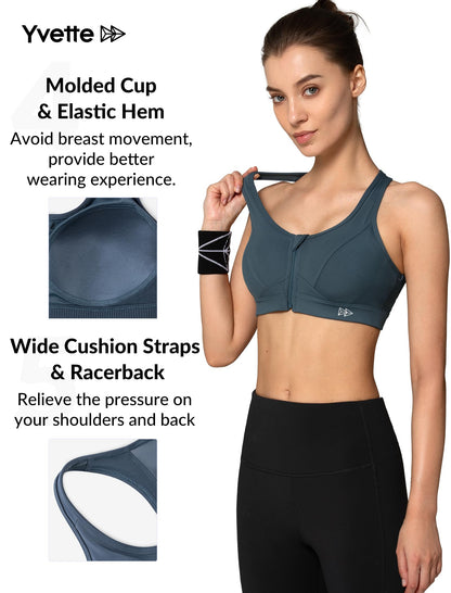 Yvette Zip Front Sports Bra - High Impact Sports Bras for Women Plus Size Workout Fitness Running,Haze Blue,M