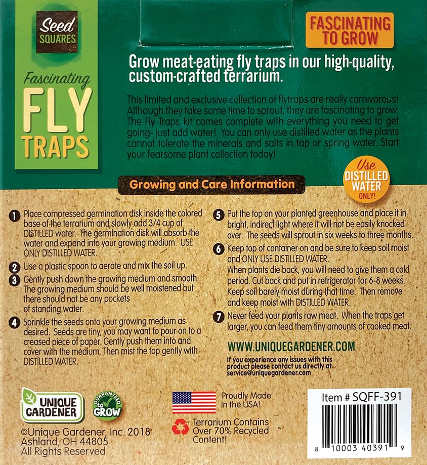 Unique Gardener Grow Your Own Venus Fly Trap, Complete Kids and Adults Square Terrarium Starter Kit to Plant Fascinating Man Eating Fly Traps, Includes All Supplies for Indoor Flytrap Terrariums