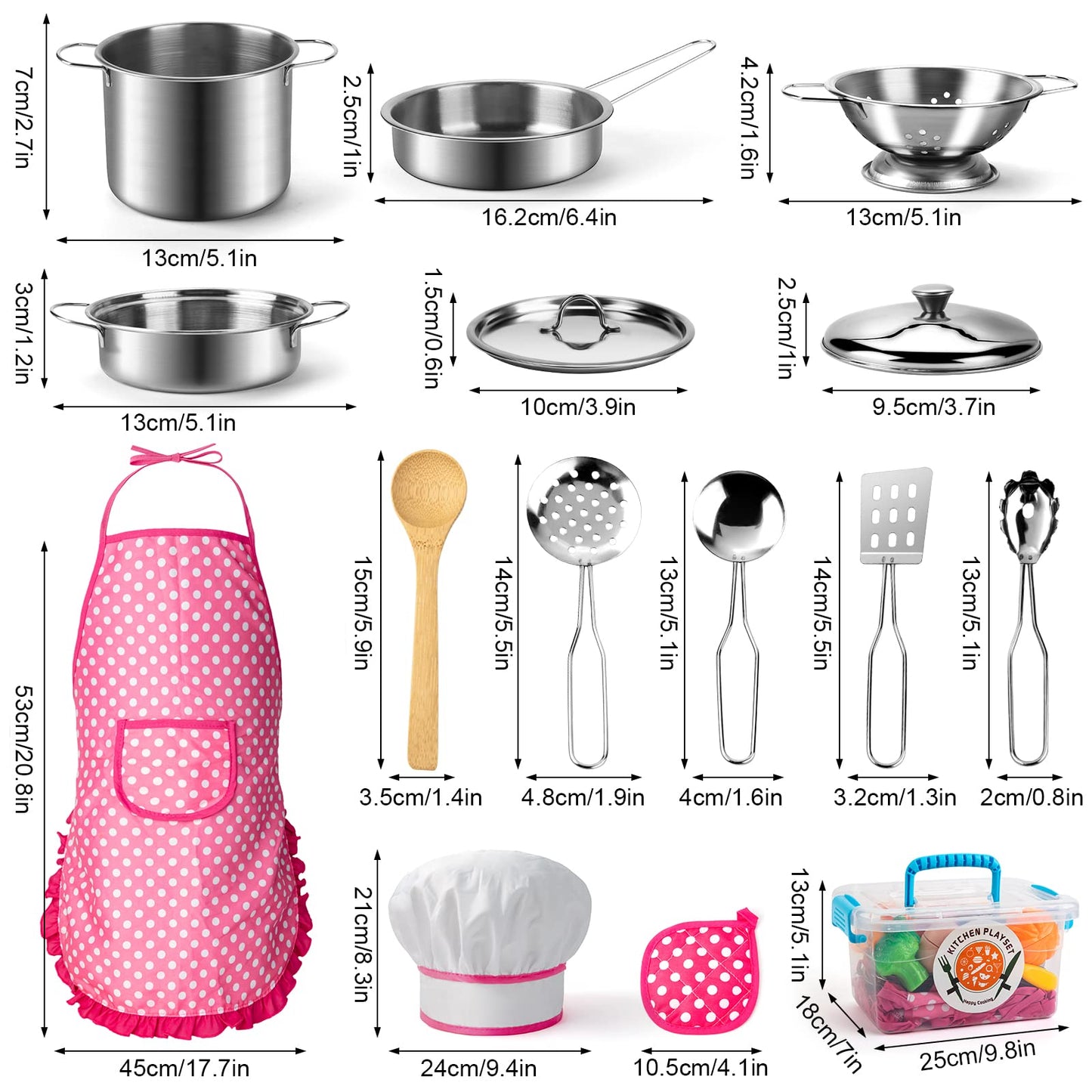 Tigerhu 26PCS Play Kitchen Accessories, Kitchen Pretend Play Cooking Toys w/ Stainless Steel Cookware, Apron & Chef Hat,Pots and Pans Set, Cutting Foods, Great Learning Gifts for Toddler & Boys Girls