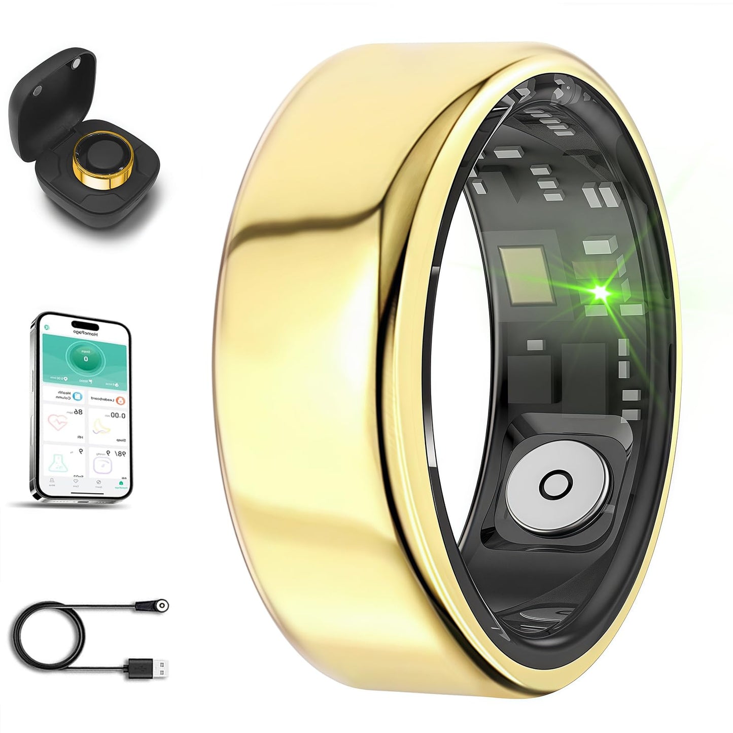 Smart Ring for Men Women with Black Charging Box, Bluetooth, Health Ring , IP68 Waterproof, Fitness Ring Tracks Heart Rate/Sleep/Steps/Sports Activities/Blood Oxygen,non-subscription app (Gold, 10)