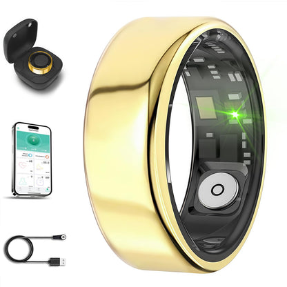 Smart Ring for Men Women with Black Charging Box, Bluetooth, Health Ring , IP68 Waterproof, Fitness Ring Tracks Heart Rate/Sleep/Steps/Sports Activities/Blood Oxygen,non-subscription app (Gold, 10)