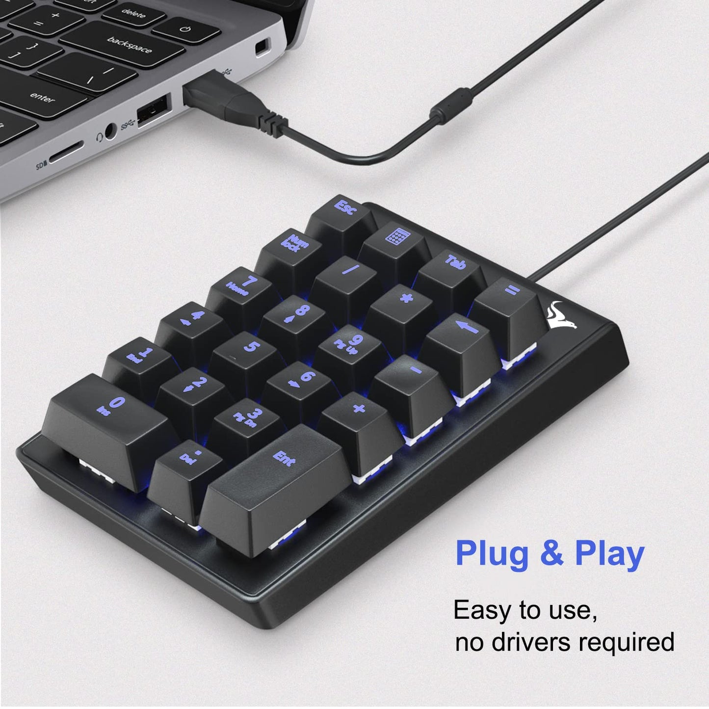Rottay Number Pad, Mechanical USB Wired Numeric Keypad with Blue LED Backlit 22 Key Numpad for Laptop Desktop Computer PC Black (Blue switches)