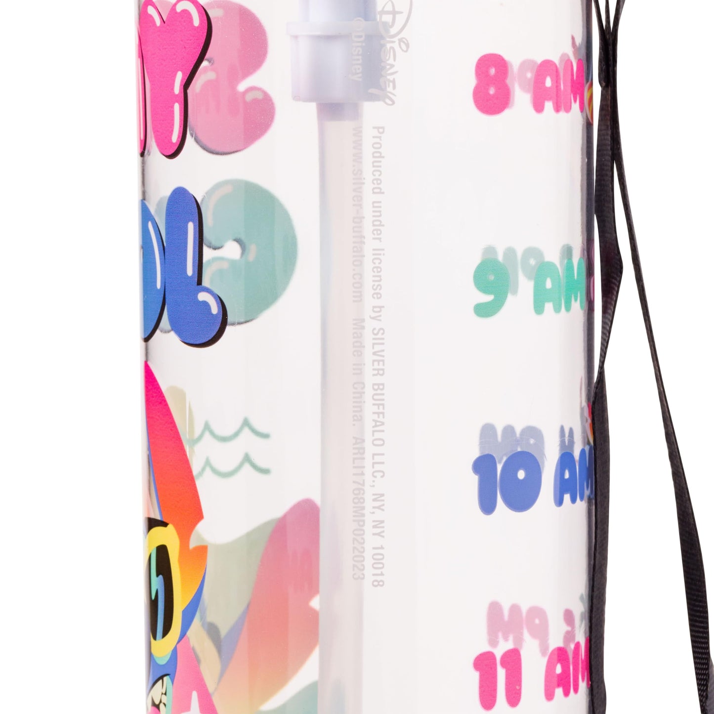 Silver Buffalo Disney Lilo and Stitch Stay Cool Hydration Tracker Schedule Plastic Water Bottle With Locking Lid, Strap, and Straw, 33 Ounces