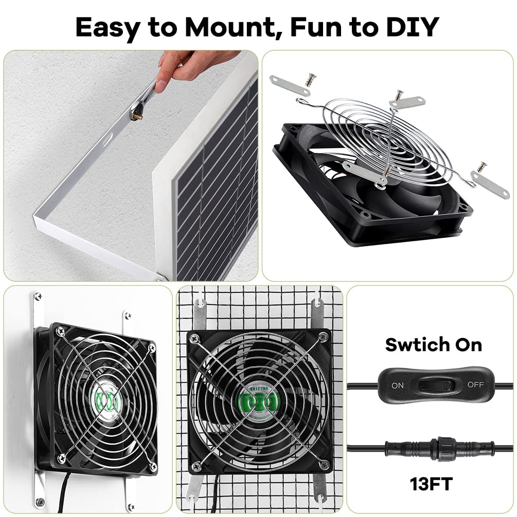 erifyng Solar Powered Fan, Solar Fan for Shed, Chicken Coop, Greenhouse, Outside with Two IPX7 Waterproof 5In Fans 13Ft On/Off Switch Cable Exhaust Intake Mounting Way and Installation Kits