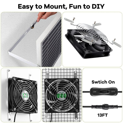 erifyng Solar Powered Fan, Solar Fan for Shed, Chicken Coop, Greenhouse, Outside with Two IPX7 Waterproof 5In Fans 13Ft On/Off Switch Cable Exhaust Intake Mounting Way and Installation Kits