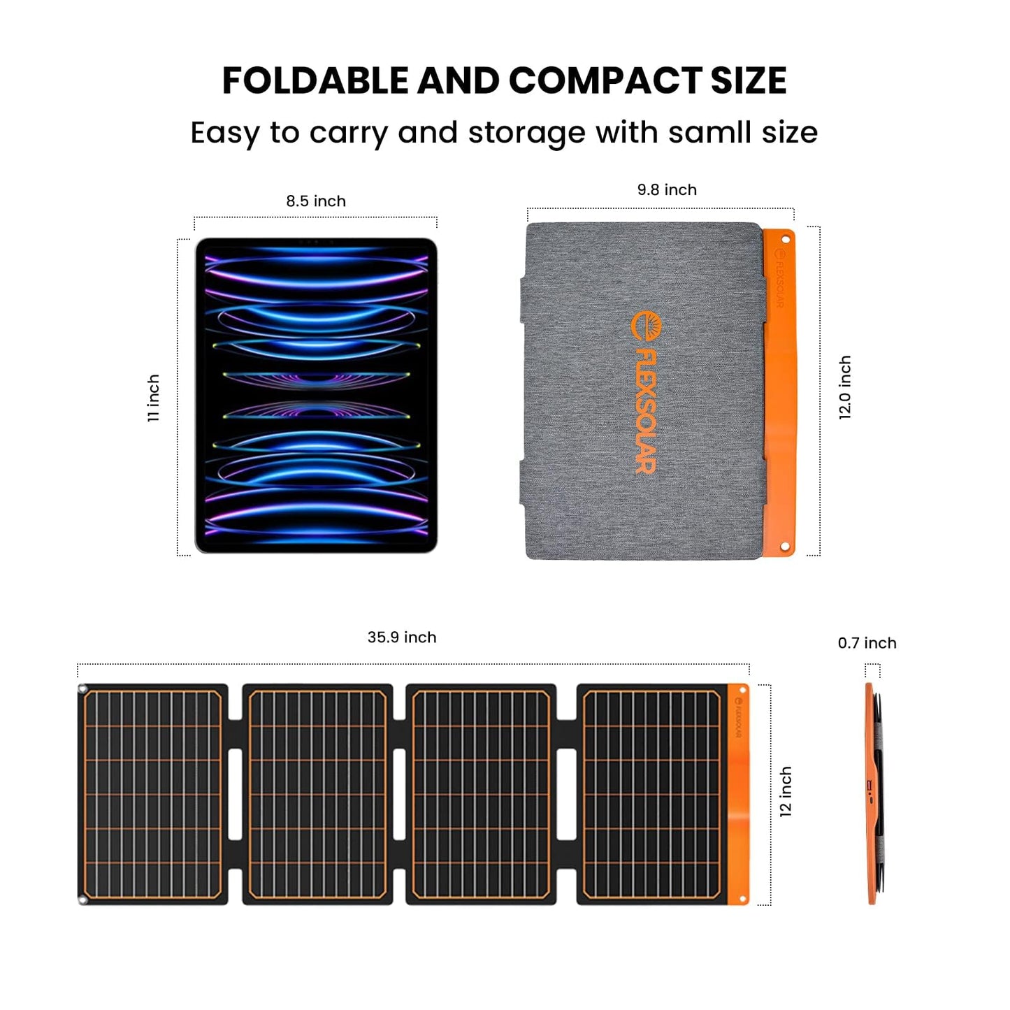 FlexSolar 40W Foldable Solar Panel Chargers 18W USB-A USB-C Portable Power Emergency ETFE Monocrystalline Small Panels IP67 Waterproof Camping Hiking Backpacking for Phones Power Banks Tablets