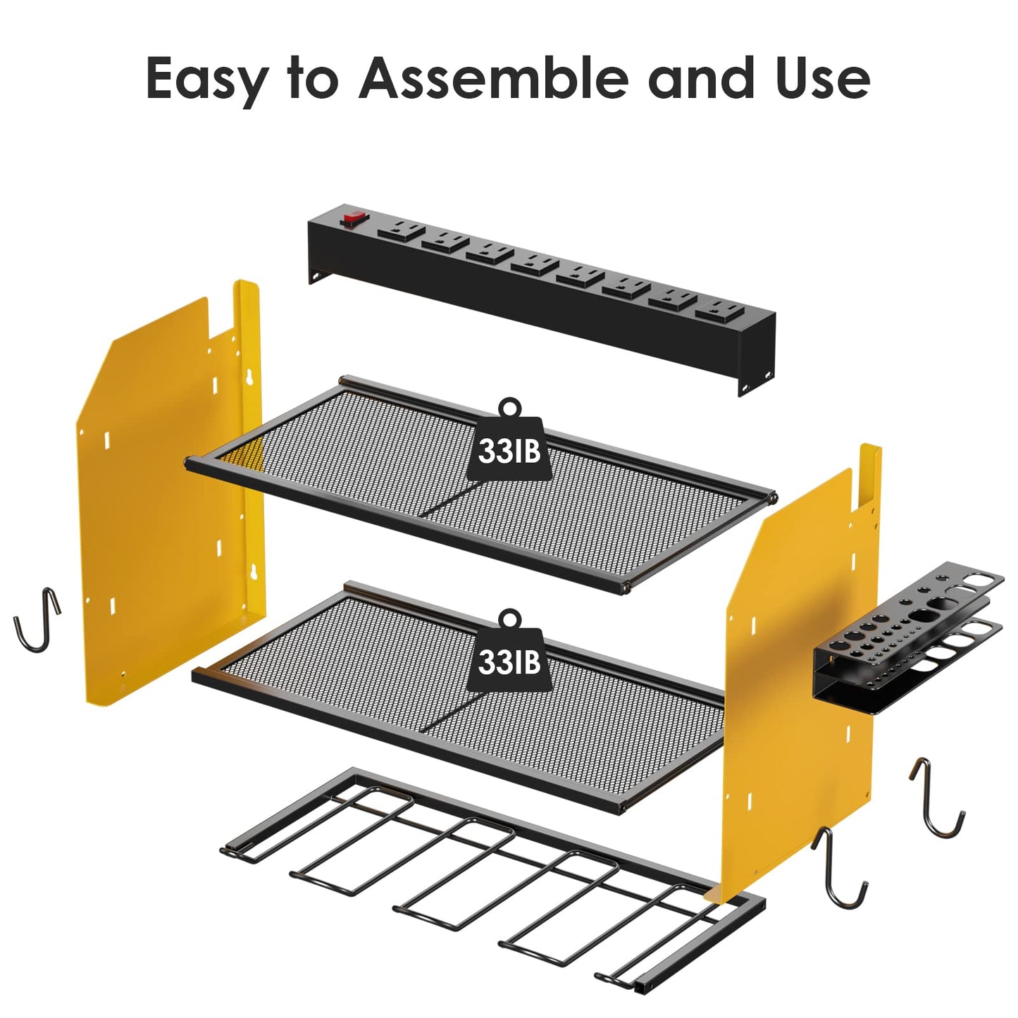 CCCEI Modular Power Tool Organizer Wall Mount with Charging Station. Garage 4 Drill Storage Shelf with Hooks, Screwdriver, Drill Bit Heavy Duty Rack, Tool Battery Holder Built in 8 Outlet Power Strip.