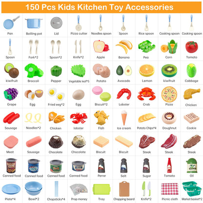 150Pcs Kitchen Playset, Toddlers Pretend Cooking Cookware Accessories, Food, Picnic Blanket, Fruits, Veges, 2Pack Shopping Storage Basket, Dessert and Prop Money, Gift for Kids (Blue)