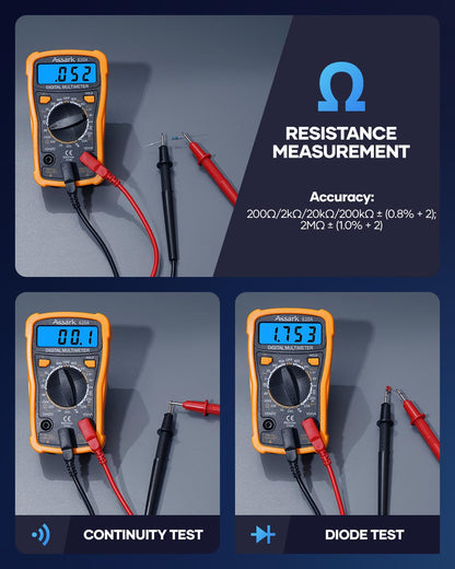 Digital Multimeter Voltage Tester, Assark 2000 Counts Multimeter Measure AC DC Voltage DC Current, Meter Tester Test Volt Ohm Amp Diode Continuity, Resistance, Backlit LCD Display, Data Hold Function