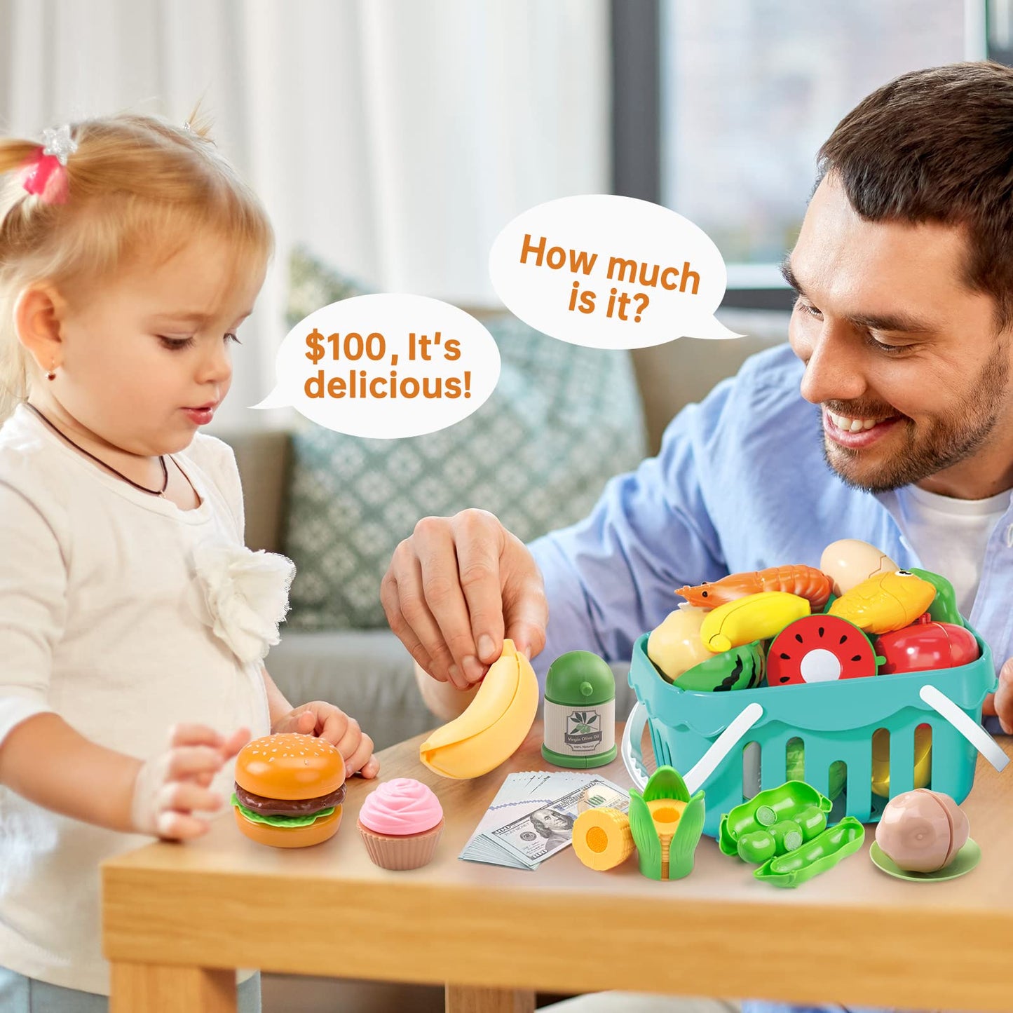 130Pcs Kitchen Playset, Toddler Pretend Cooking Play Pots, Pans, Utensils Cookware, Daily Food Fruit Veges, Shopping Storage Basket, Dessert, Prop Money, Learning Gift for Child (Turquoise)