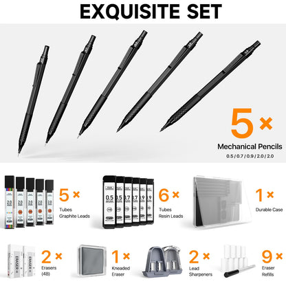 Four Candies Metal Mechanical Pencil Set, 3PCS Art Drafting Pencils 0.5, 0.7, 0.9MM & 2PCS 2MM Mechanical Drawing Pencils with 420PCS Leads (4B 2B HB 2H Color) for Writing Sketching Drawing (Black)