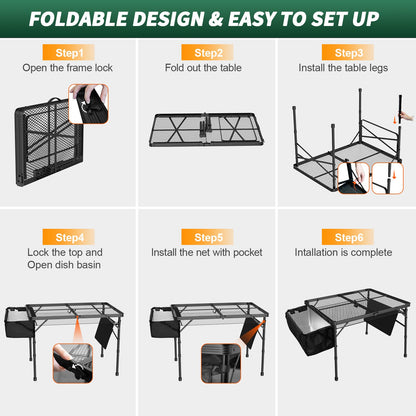 WildFinder Portable Folding Grill Table with Sink for Outdoor, Lightweight Aluminum Frame Folding Grill Stand Picnic Table Camping Cooking BBQ, RV Picnic,2 Heights Adjustable(Black)