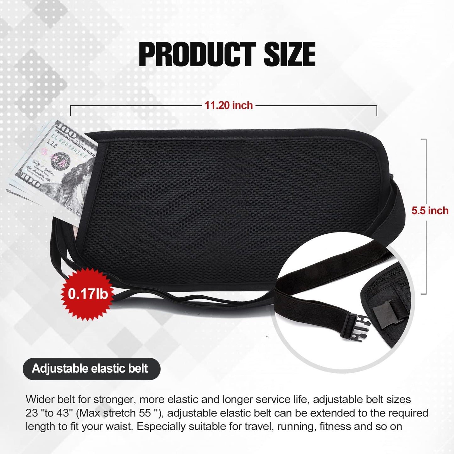 Unisex Money Belt, Slim Passport Holder RFID Blocking Travel Essentials Pouch with Adjustable Strap Small Waist Pouch for Workout Running Travelling Hiking, Black