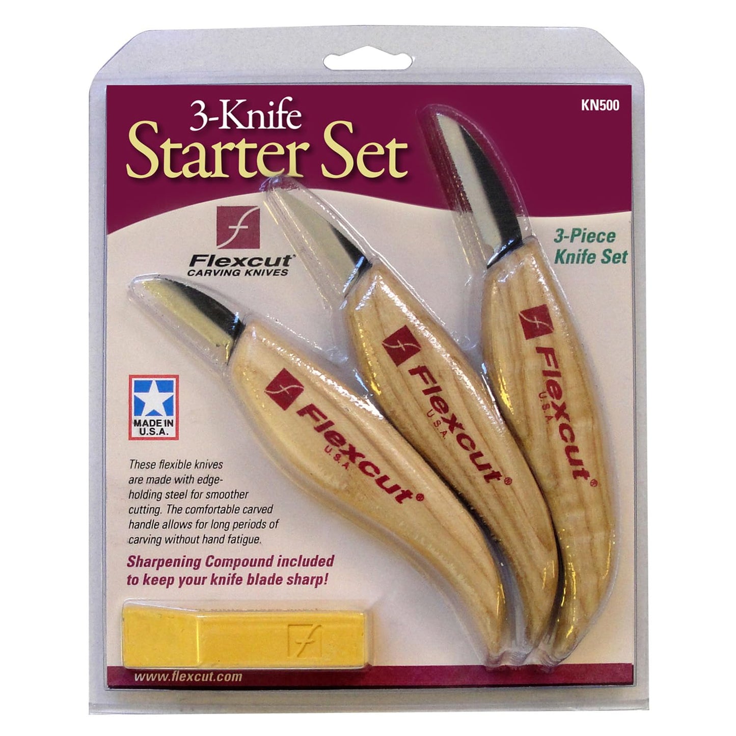 FLEXCUT Starter 3 Wood Carving Knife Set KN500, 1095 High Carbon Steel Blades and Ergonomic Ash Wood Handles for Beginners and Hobbyists