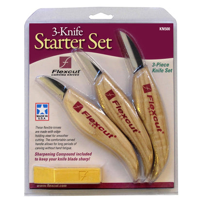 FLEXCUT Starter 3 Wood Carving Knife Set KN500, 1095 High Carbon Steel Blades and Ergonomic Ash Wood Handles for Beginners and Hobbyists