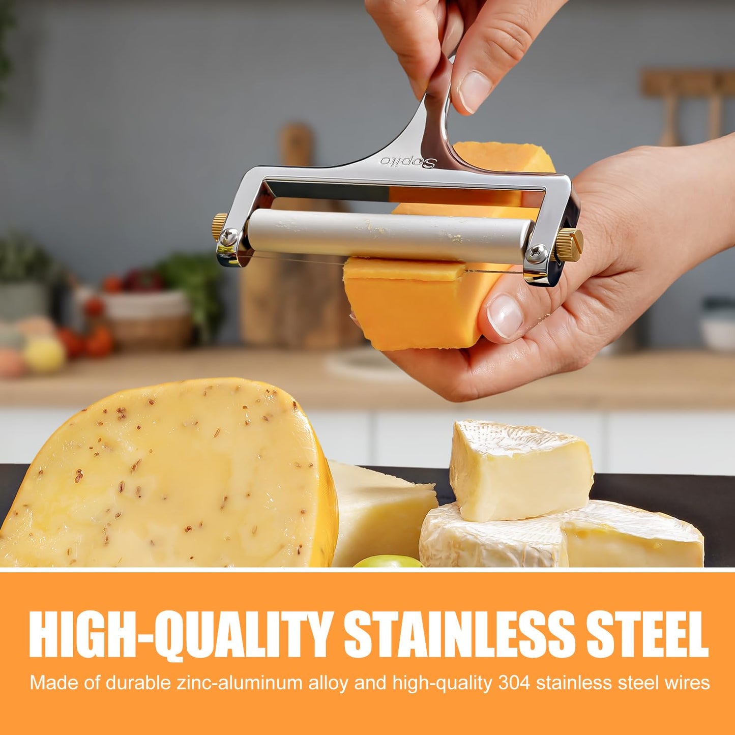 Sopito Stainless Steel Wire Cheese Slicer With 3 Extra Wires Adjustable Thickness, Handheld Cheese Block Cutter for Cheddar, Gruyere, Raclette, Mozzarella