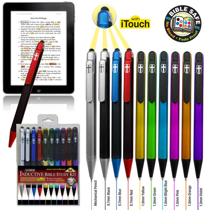 G.T. Luscombe Company, Inc. 10 Piece Inductive Bible Study Pen/Pencil Set | No Smearing or Fading | Cross Imprint | No Bleed Pigmented Ink Black, Blue, Red, Yellow, Green, Pink, Orange, Violet