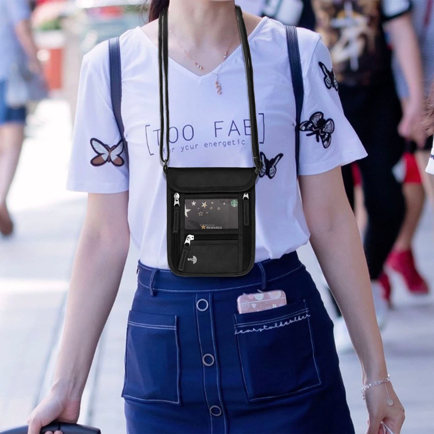 WALNEW Passport Holder Neck Pouch Travel Wallet for Women and Men, RFID Blocking Security Slim Traveling Wallet with Around Neck Lanyard Strap, Black