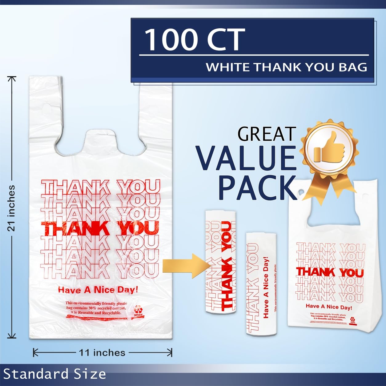 YoYoRain White Thank you T shirt bag, Grocery shopping bag Reusable and Disposable Supermarket Bag 11''x6''x21'' 100PCS