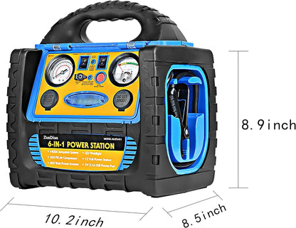 ZunDian 6-in-1 1800 Amp Jump Starter with Air Compressor 260PSI Tire Inflator, 12V Car Battery Jumper Starter Booster Pack for Truck Automotive Battery, Portable Power Station 400W AC Power Inverter