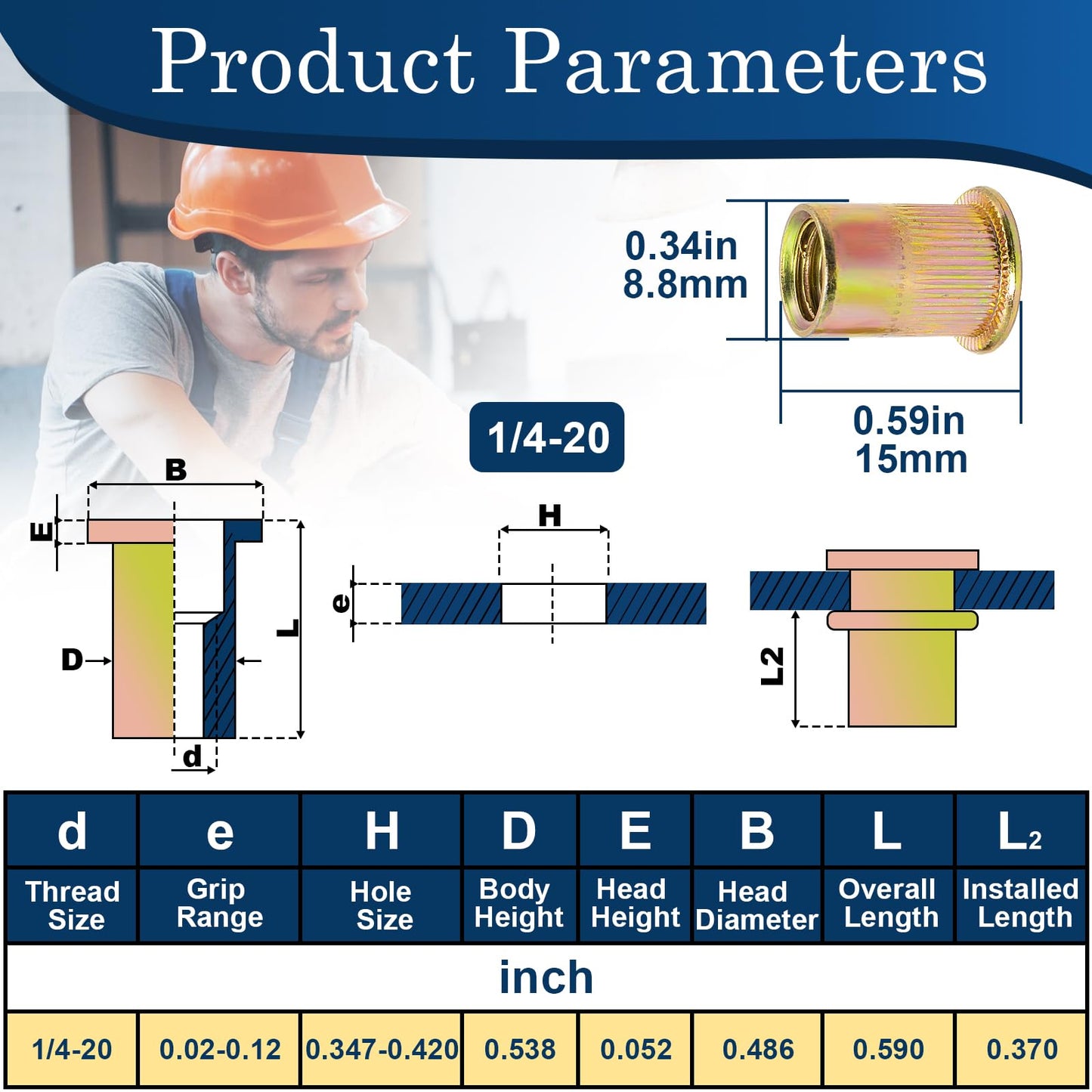 Vifmy 1/4 Rivet Nut, 115Pcs Carbon Steel Zinc Rivet Nuts 1/4-20, 1/4 20 Threaded Insert Rivnut, 1/4 UNC Rivets Nutsert, Flat Head 1/4 x 20 RIV Nuts