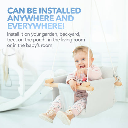 CaTeam - Canvas Baby Swing, Wooden Hanging Swing Seat Chair with Safety Belt, Durable Baby Swing Chair, Outdoor and Indoor Swing for Kids, Mounting Hardware Included, Gray