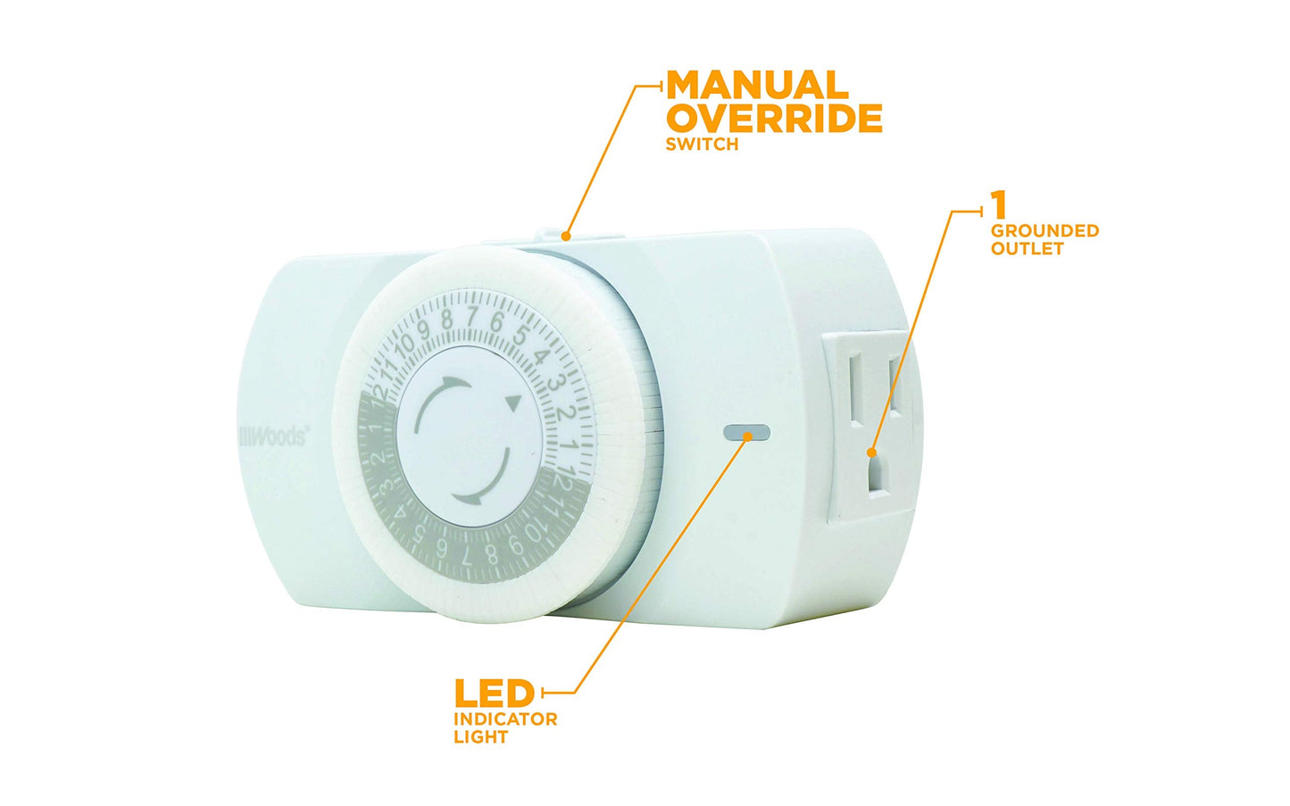 Woods 50103WD Indoor 24-Hour Heavy Duty Mechanical Timer; 1 Grounded Outlet; Standard Body