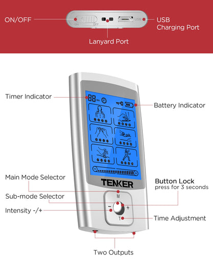 TENKER TENS Unit Muscle Stimulator, 24 Modes EMS Machine for Pain Relief Therapy/Pain Management, Rechargeable Electronic Pulse Massager with 2"x2" and 2"x4" Electrode Pads (Silver)